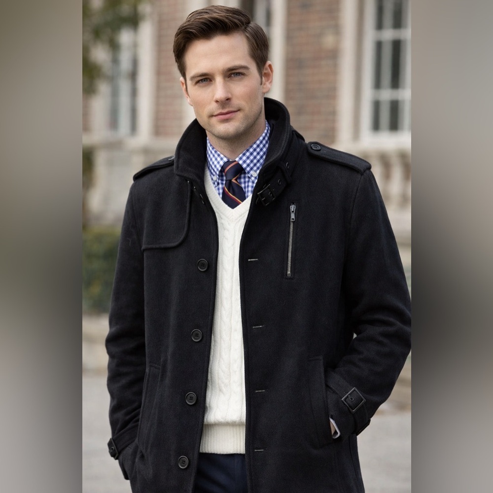Buffalo David Bitton Men's Black Wool Blend Military Style Peacoat Jacket